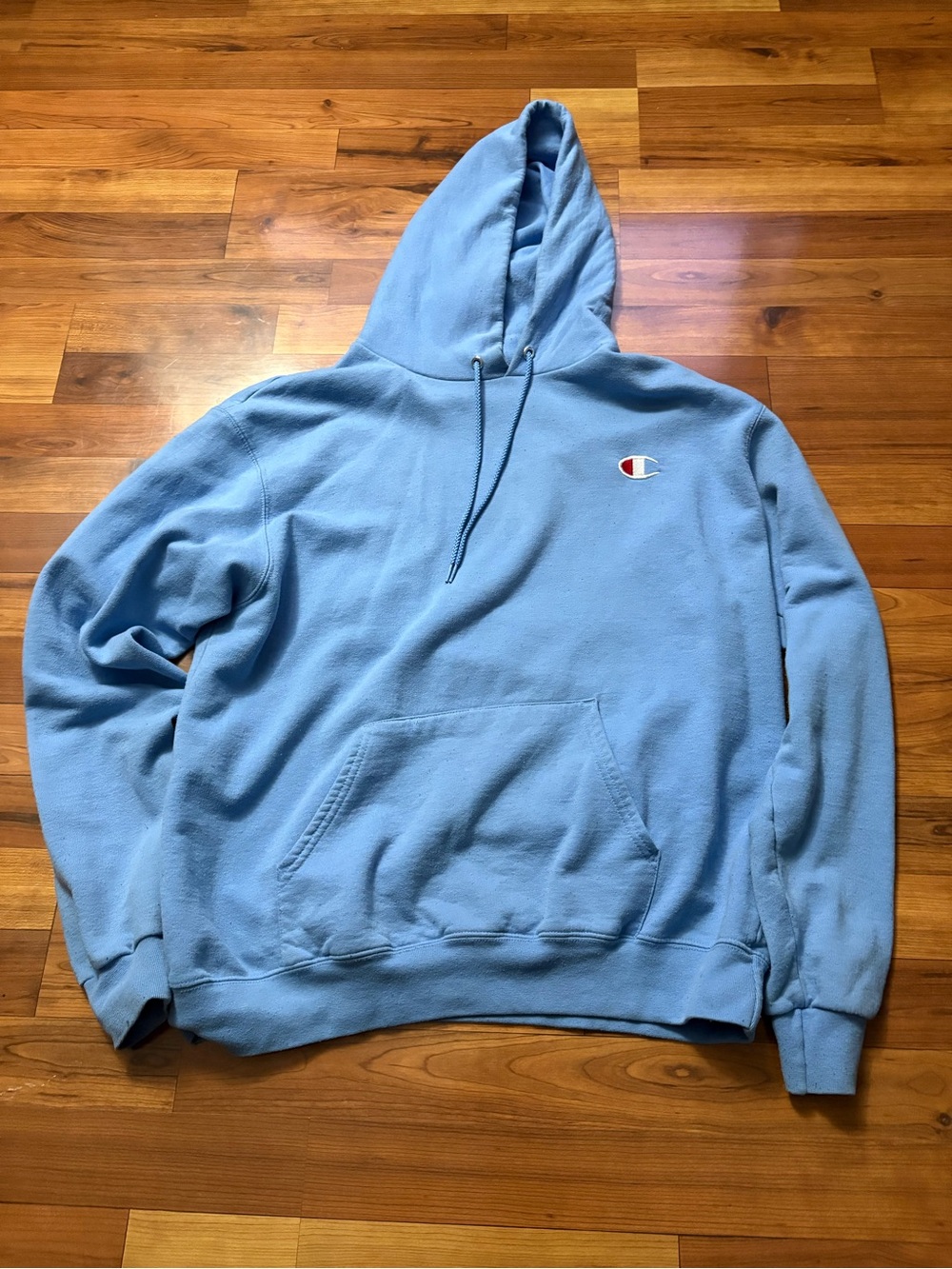 Champion Light Blue Pullover Hoodie with Small Chest Logo